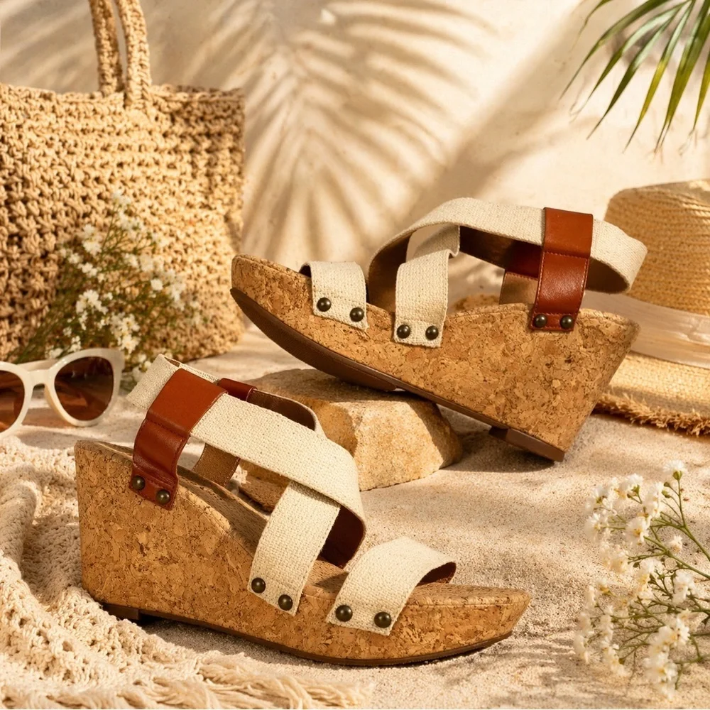 Lucky Brand Marla Cork Wedge Sandals Beige Tan Shoes Elastic Back Size 9 Boho